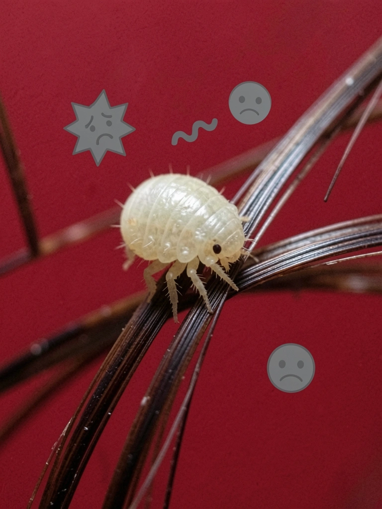 Piolho sobre um fio de cabelo, com ícones de preocupação ao redor