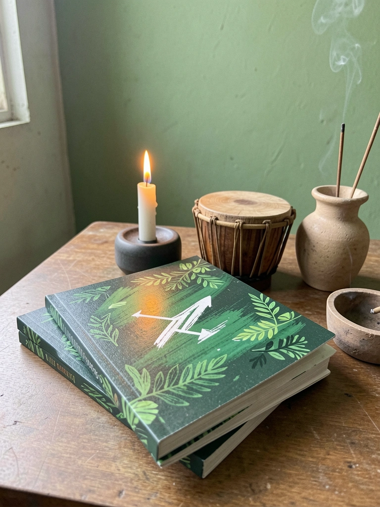 Livros e apostilas de Umbanda sobre uma mesa, com vela acesa e defumador ao lado