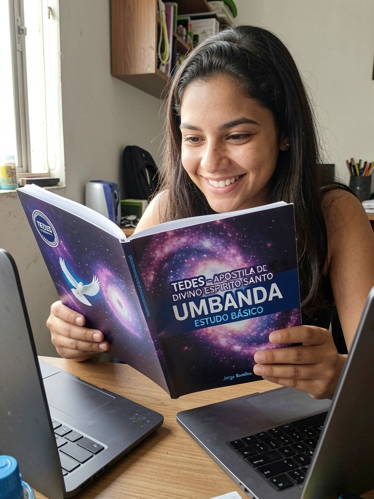 Estudante lendo apostila digital de umbanda no notebook em mesa de madeira